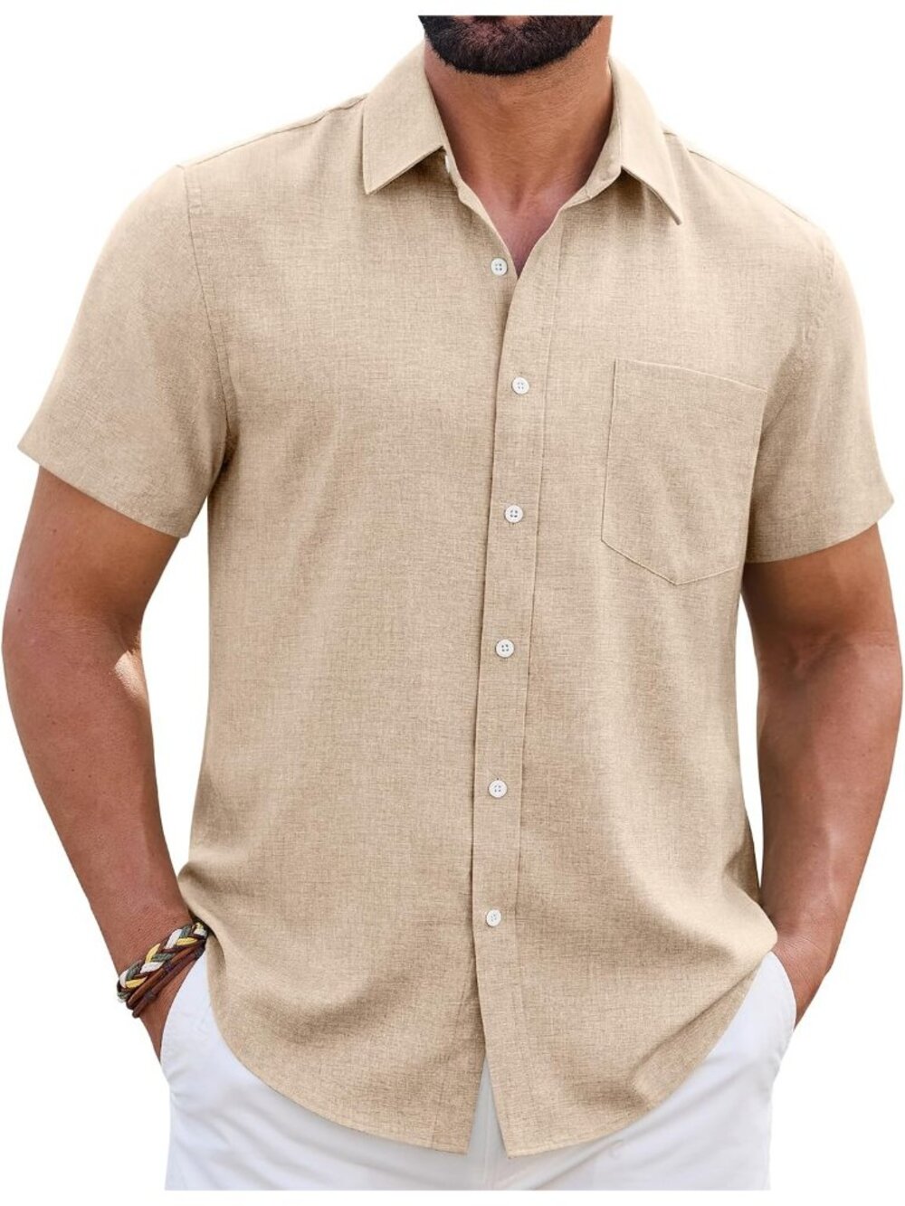 Men's Short Sleeve Linen Blend Tan Wrinkle Free Casual Beach Button Down Shirt